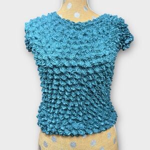 Vintage Popcorn‎ Top Teal Blue Textured Bubble Shirt Short Sleeve One Size